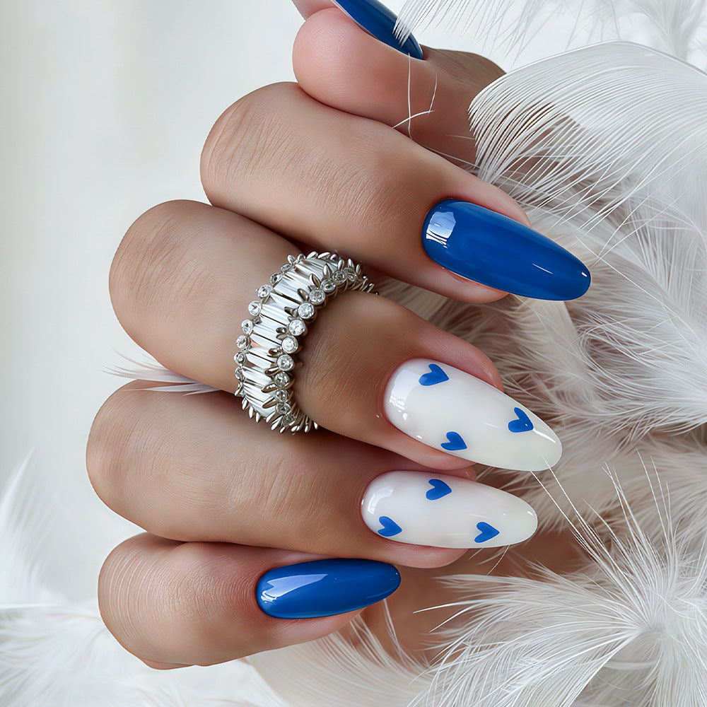 Romantic Elegance Long Oval Shape Vibrant Blue and White Heart Accent Press On Nail Set