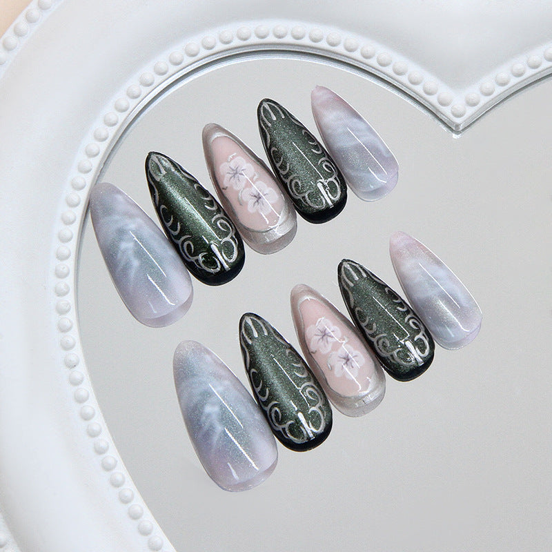 Whimsical Enchantment Long Almond Shaped Multicolored with Elegant Floral Design Press On Nail Set