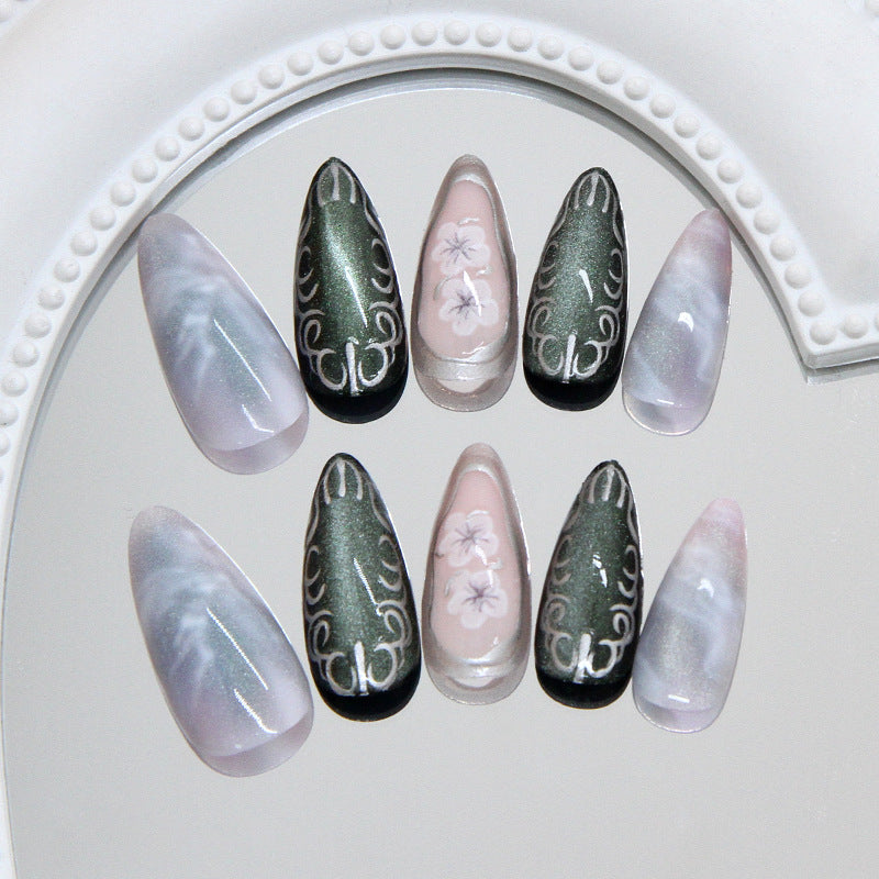 Mystical Garden Press On Nail Set Long Almond Shape Elegant Green and Floral Design