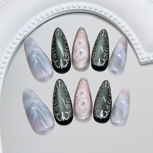 Mystical Garden Press On Nail Set Long Almond Shape Elegant Green and Floral Design