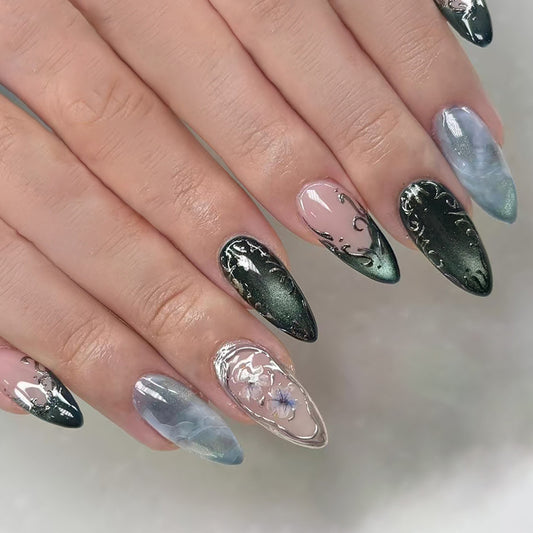 Enchanting Elegance Long Almond Ombre Green and Blue with Intricate Floral Design Press On Nail Set