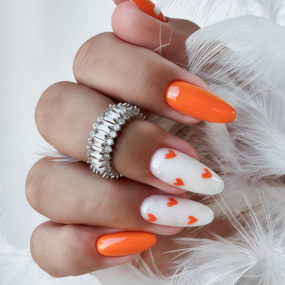 Romantic Elegance Long Oval Orange and White Heart Design Press-On Nail Set