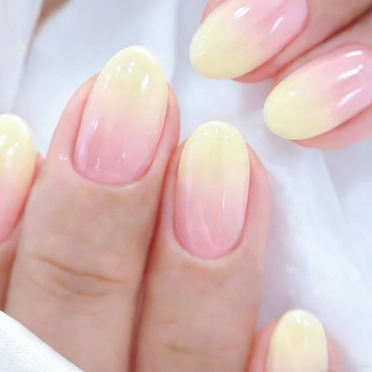Dreamy Sunset Medium Oval Ombre Pink and Yellow Press On Nail Set with Glossy Finish