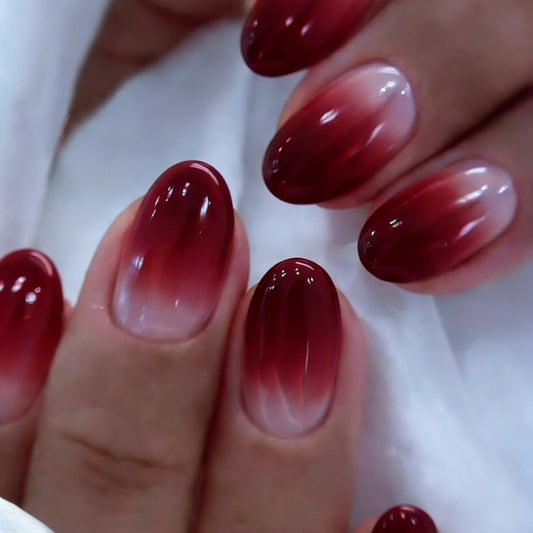 Enchanting Ombre Short Oval Red Gradient Press-On Nail Set with Iridescent Finish