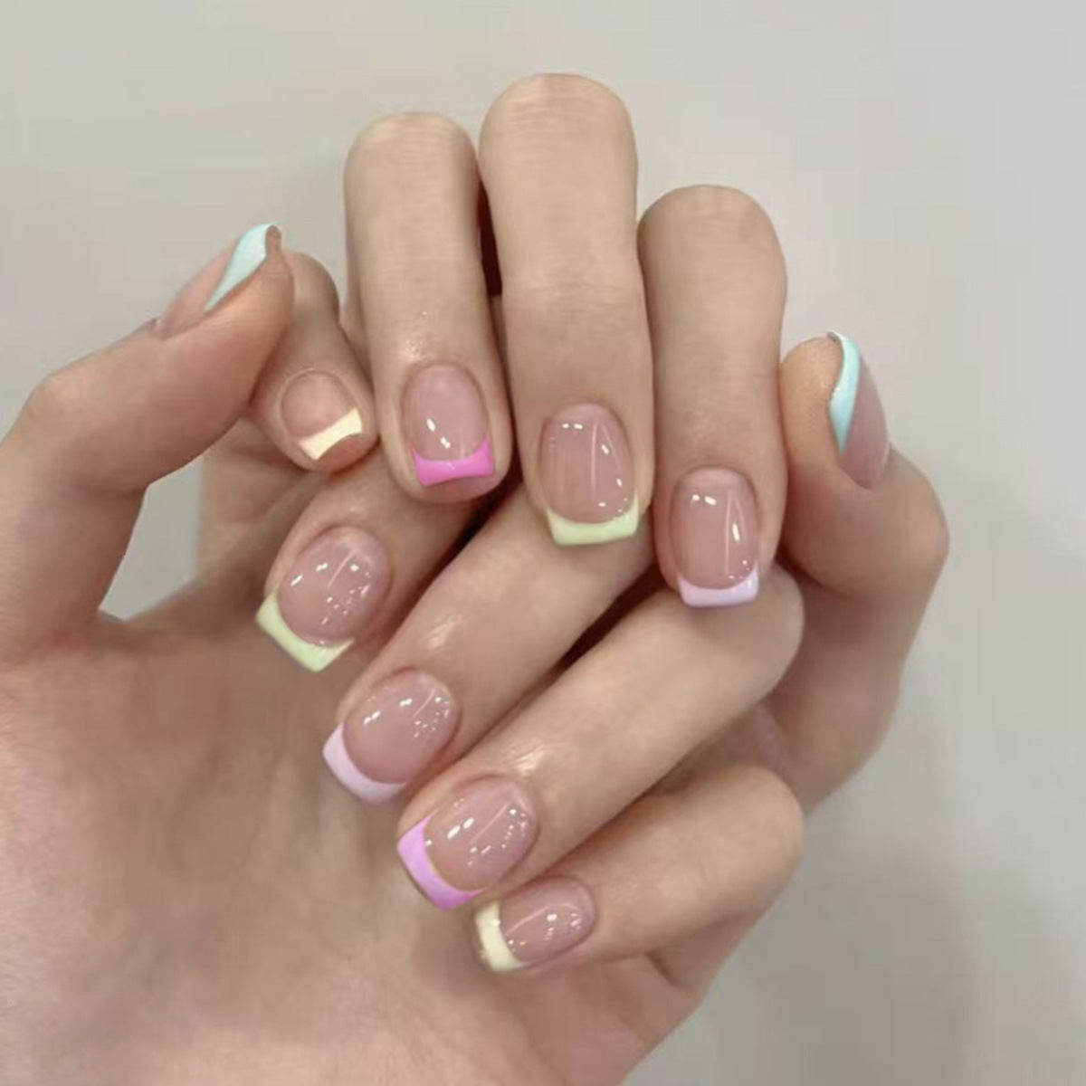 Whimsical Sorbet Short Square Pastel French Tip Press On Nail Set with Glossy Finish