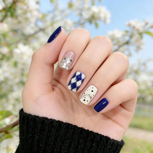 Chic Garden Short Square Midnight Blue Sparkling Glitter and Argyle Design Press On Nail Set