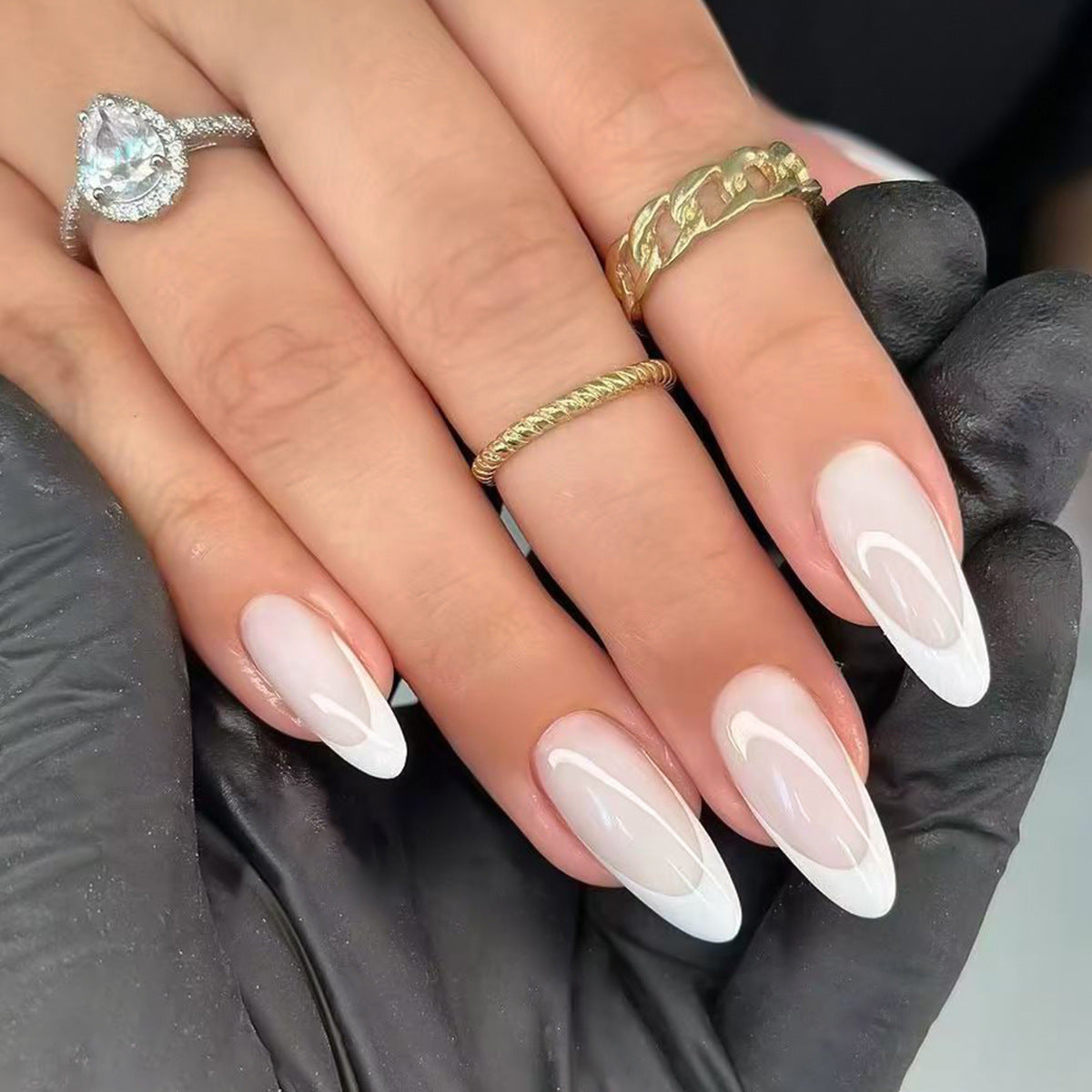 Elegant Enchantment Long Almond Shaped Glossy White Press On Nail Set with Stunning Ombré Accent