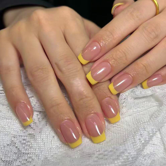 Citrus Bliss Medium Square Glossy Transparent with Vibrant Yellow Tips Press On Nail Set