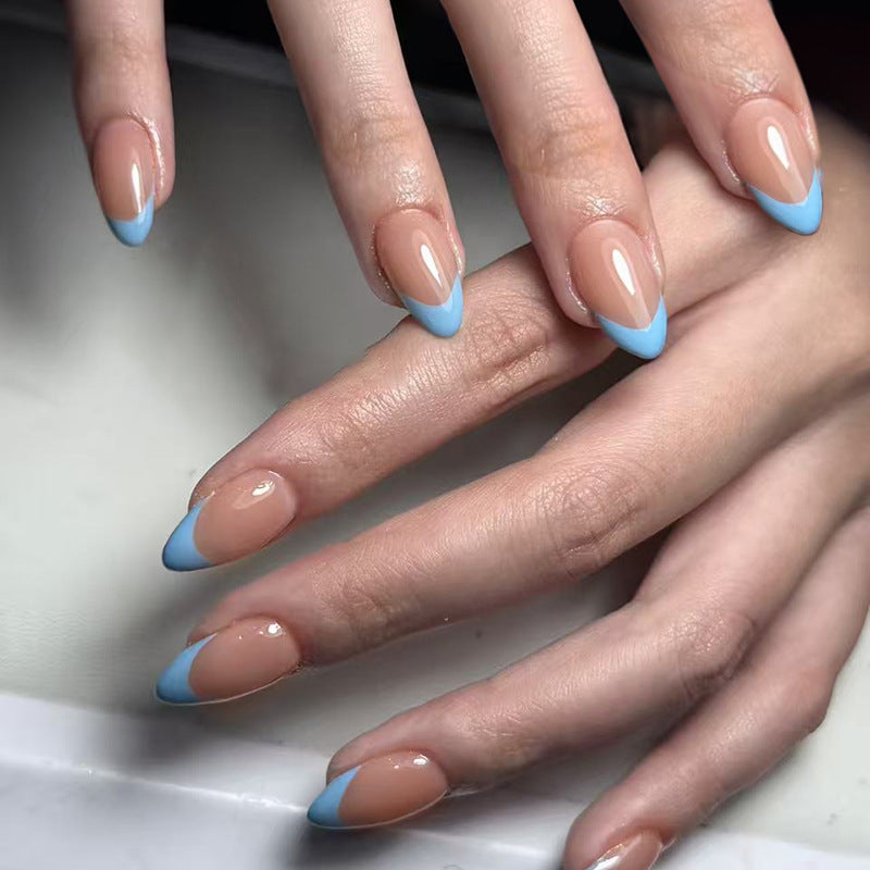 Dreamy Elegance Medium Almond Shaped Beige and Blue French Tip Press-On Nail Set with Glossy Finish