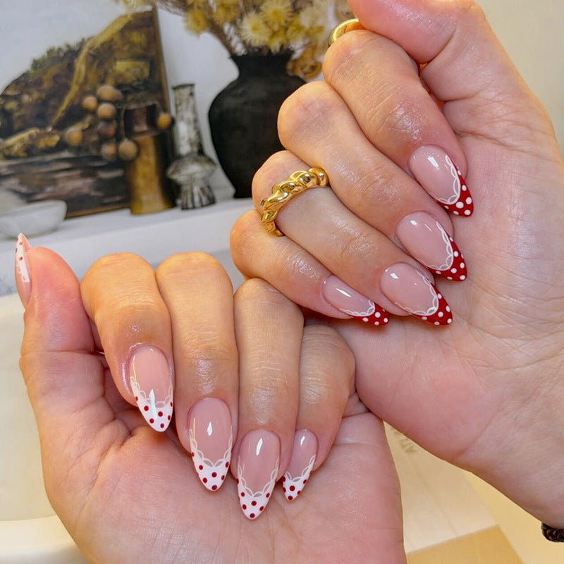 Berry Delightful Medium Almond Shaped Red French Tip Press On Nail Set with Whimsical White Dots