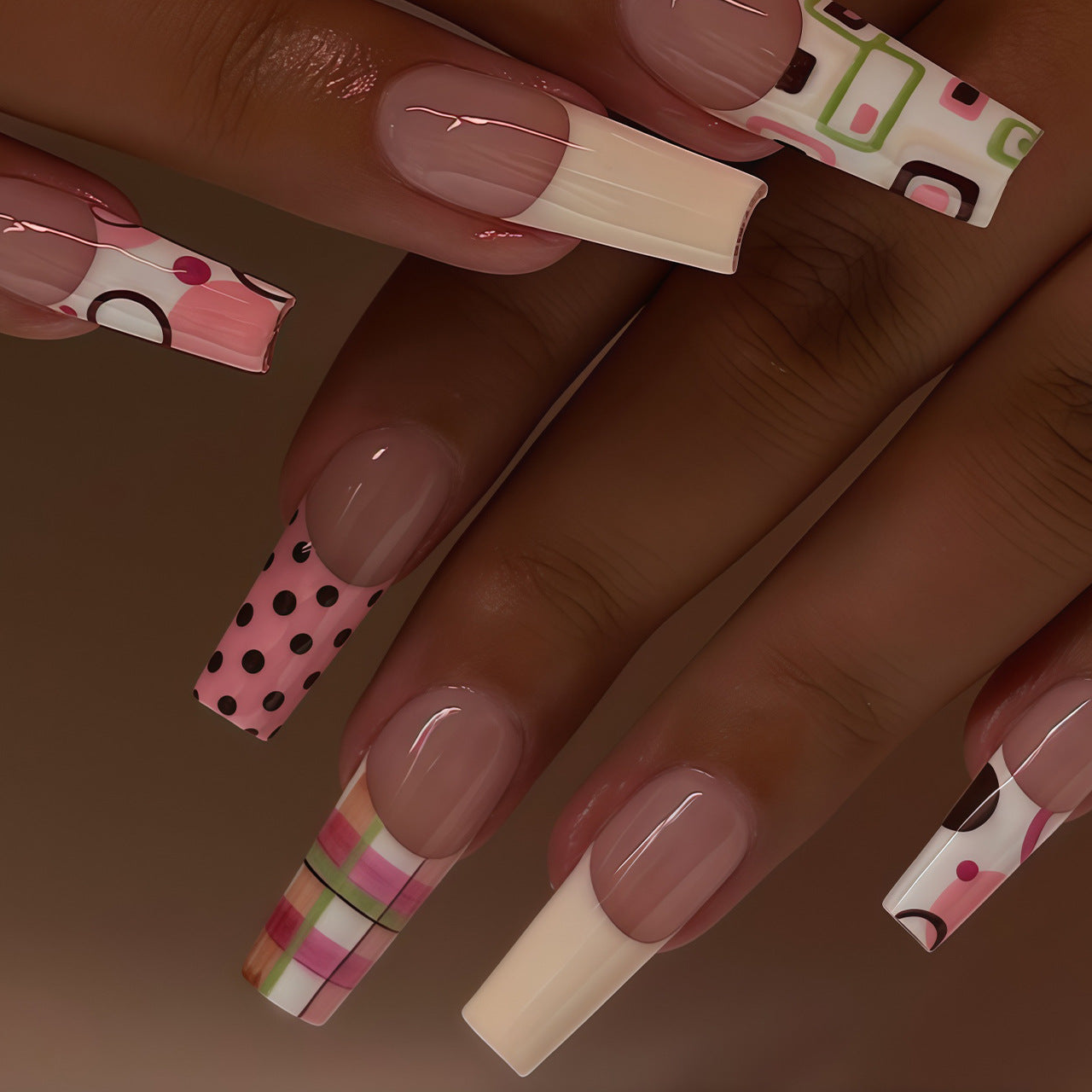 Sweet Delights Long Coffin Pink and White Press On Nail Set with Playful Geometric Patterns