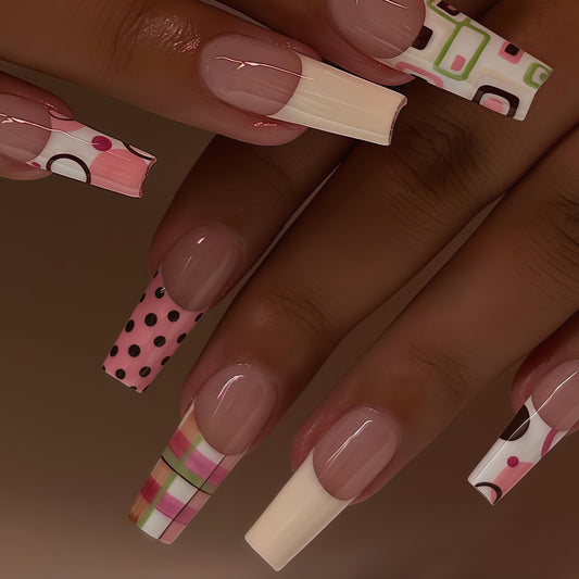 Sweet Delights Long Coffin Pink and White Press On Nail Set with Playful Geometric Patterns