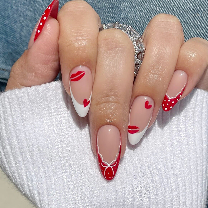 Romantic Kiss Inspired Long Stiletto Red and White Press On Nail Set with Adorable Heart and Lip Designs