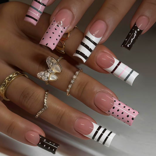 Sweet Treats Press On Nail Set in Long Square Pink White and Brown with Playful Stripes and Dots