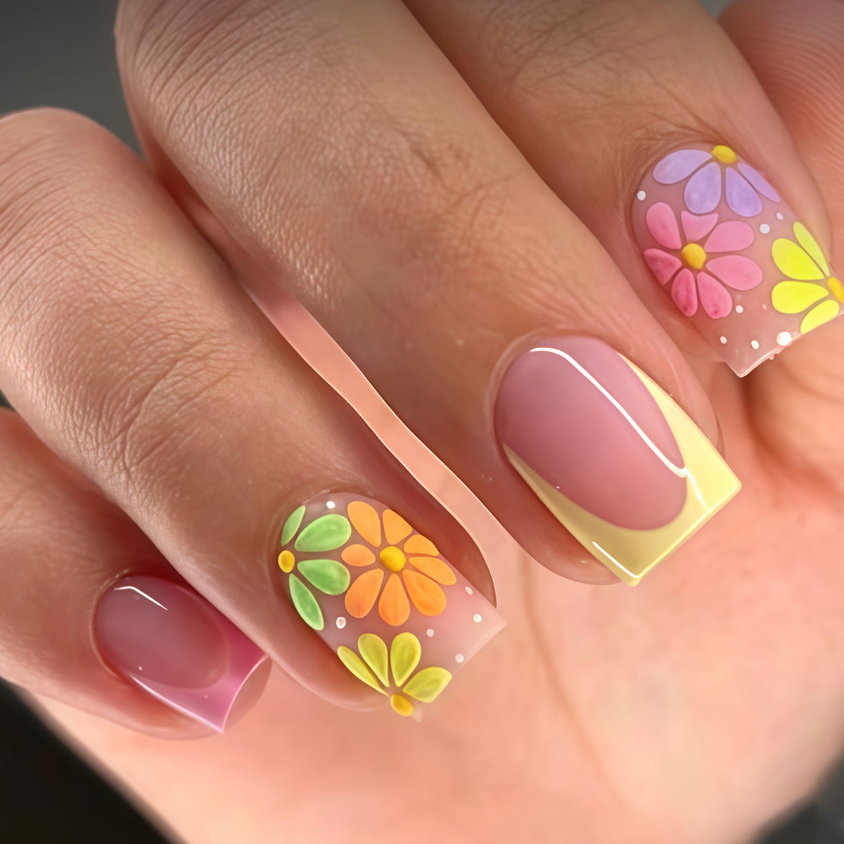 Floral Bliss Short Square Colorful Design Press On Nail Set