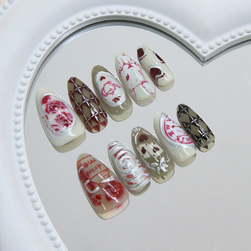 Chic Romance Long Almond Beige and Burgundy Nail Set with Unique Artistic Designs