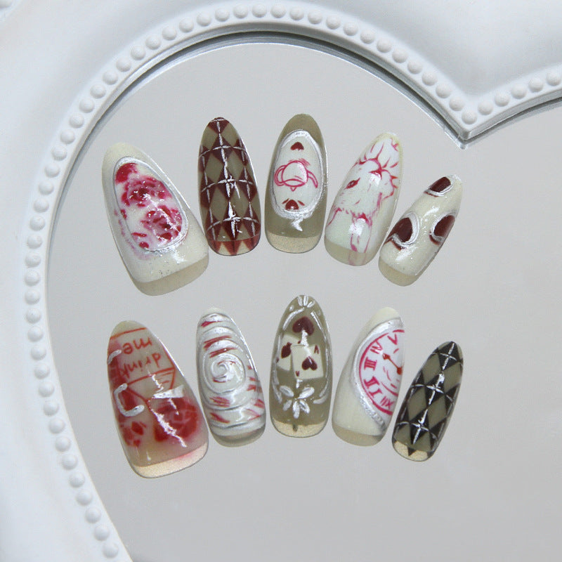 Chic Romance Long Almond Ivory and Burgundy Press on Nail Set with Intricate Designs