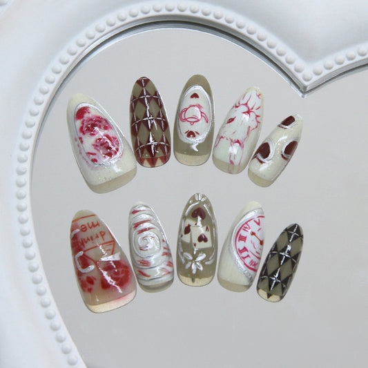 Chic Romance Long Almond Ivory and Burgundy Press on Nail Set with Intricate Designs