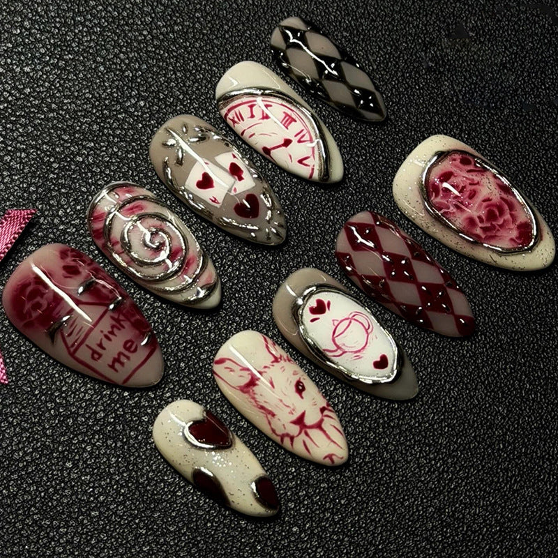 Whimsical Wonderland Long Almond Shape Neutral and Burgundy with Intricate Artistic Designs Nail Set