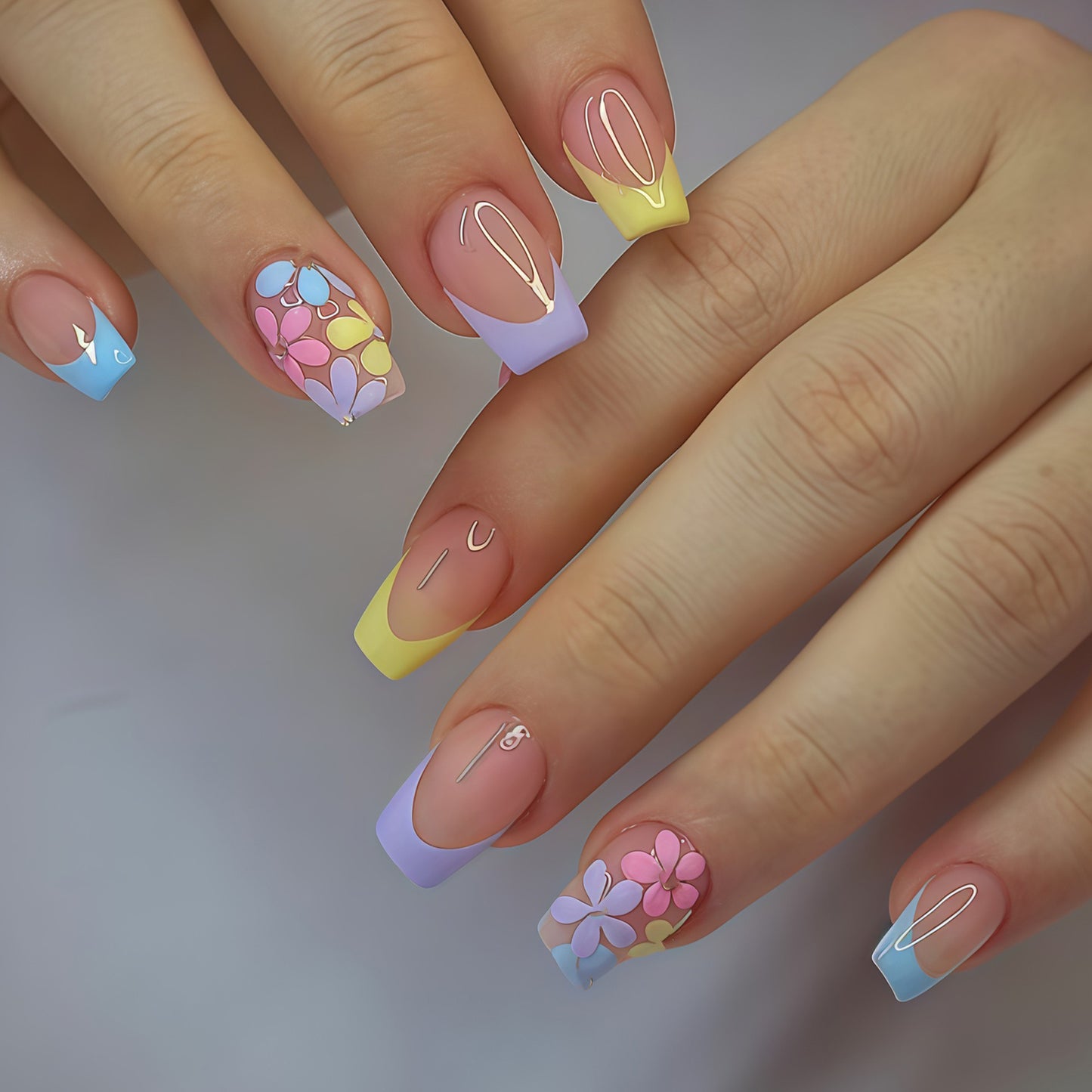 Floral Delight Medium Square Pastel Press On Nail Set with Unique Glossy Finish