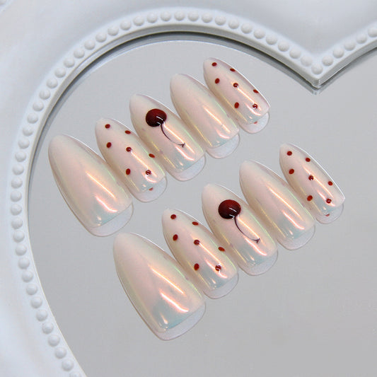 Enchanted Elegance Long Almond Shaped Iridescent White with Charming Red Dots Press On Nail Set