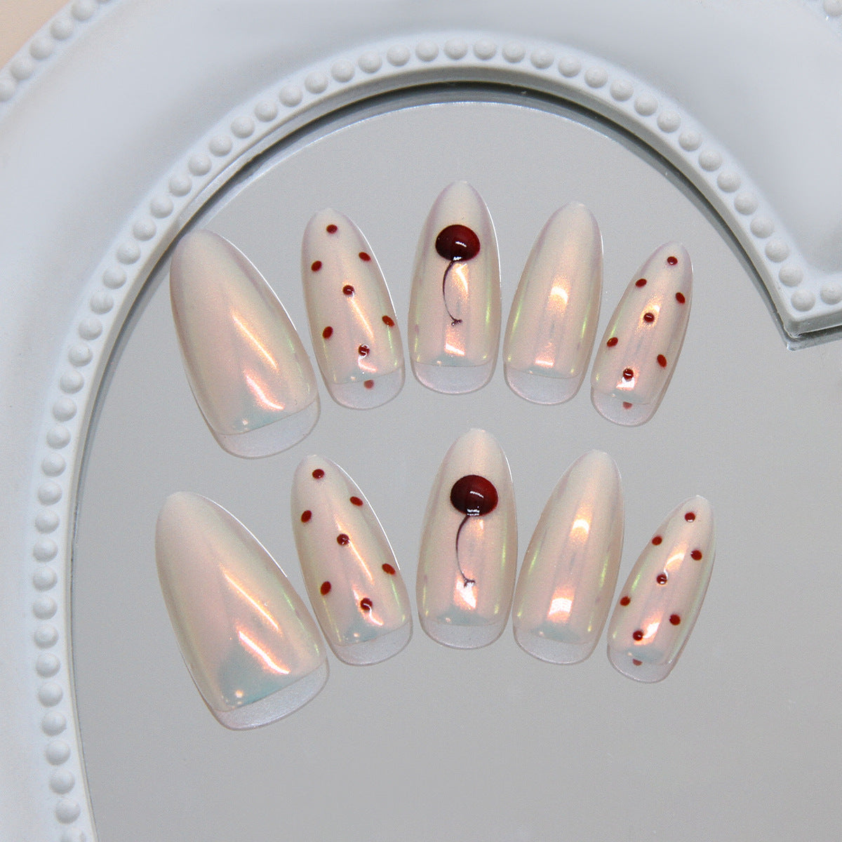 Whimsical Dreamy Long Almond Shaped Opalescent with Dotted Burgundy Accents Press On Nail Set