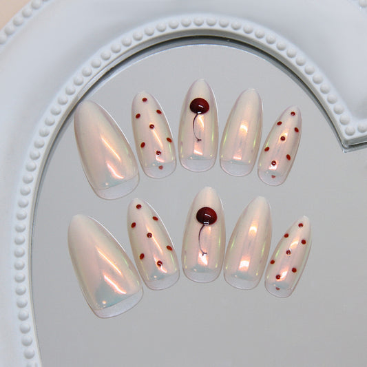 Whimsical Dreamy Long Almond Shaped Opalescent with Dotted Burgundy Accents Press On Nail Set