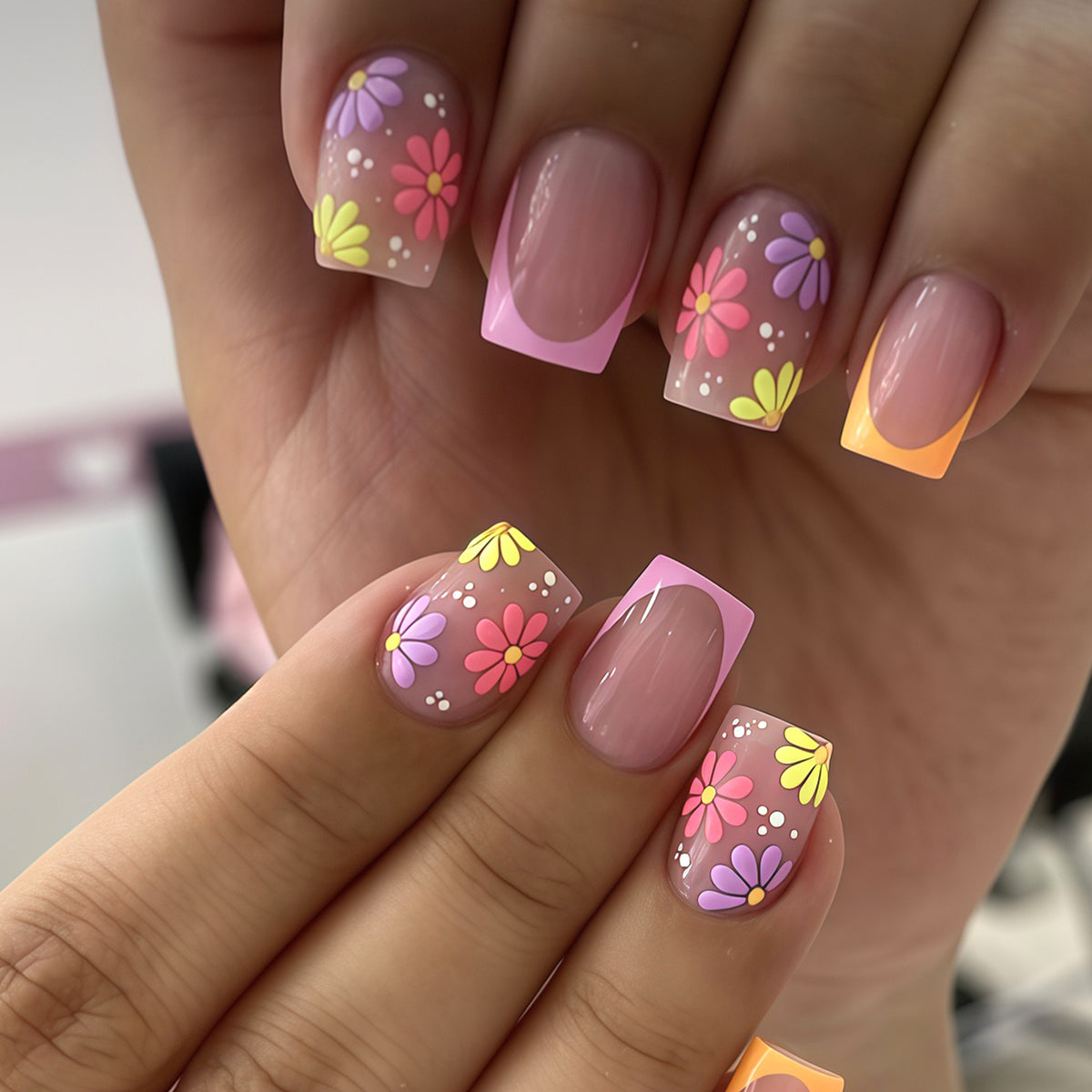 Blooming Elegance Medium Square Pastel Floral Design Press On Nail Set