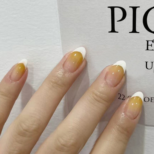 Autumn Harmony Short Almond Yellow Ombre with Elegant White Tips Press On Nail Set