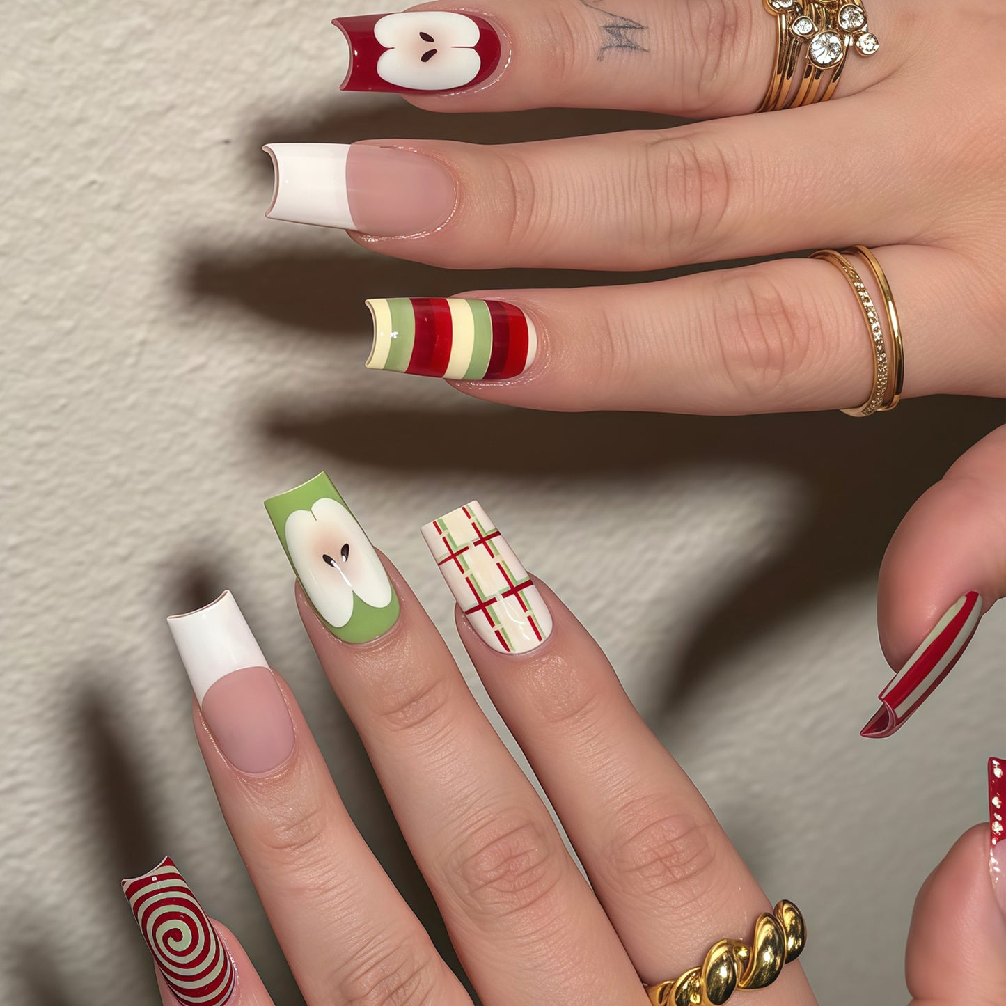Whimsical Delight Long Square Vibrant Red Green and White with Playful Patterns Press on Nail Set