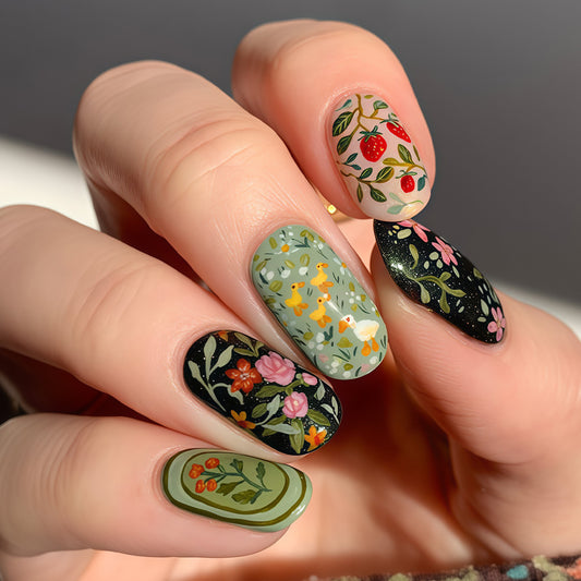 Whimsical Floral Garden Medium Oval Multicolored Set Featuring Vibrant Botanical Designs