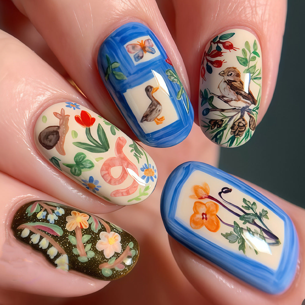 Whimsical Garden Medium Oval Green Glittering Floral Press On Nail Set