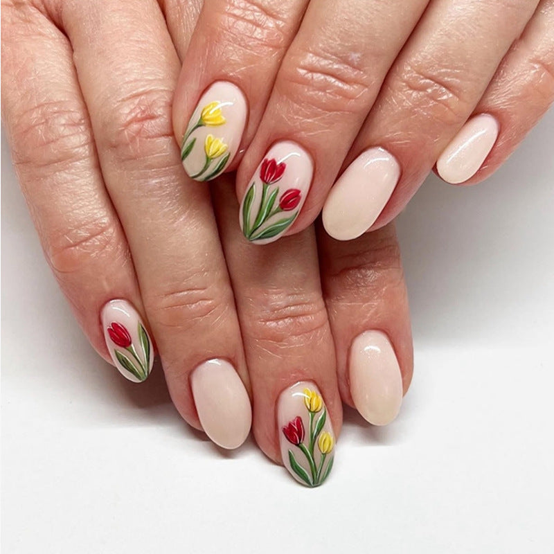 Floral Blossom Medium Oval Soft Pink with Hand-Painted Tulip Design Press On Nail Set