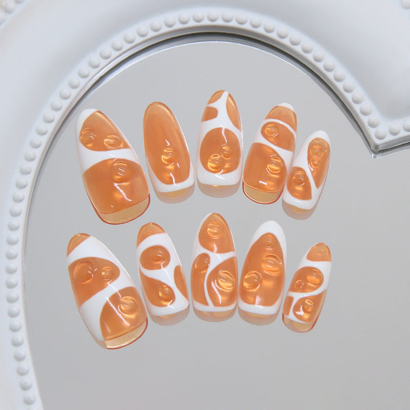 Autumn Vibes Medium Almond Orange and White Candy Coated Nail Set