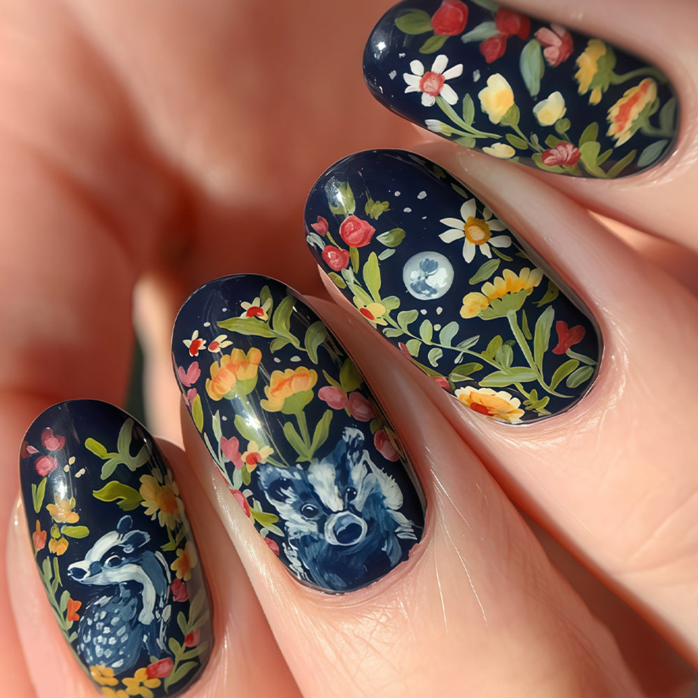 Whimsical Wilderness Medium Oval Dark Blue Floral Design with Woodland Creatures Press on Nail Set