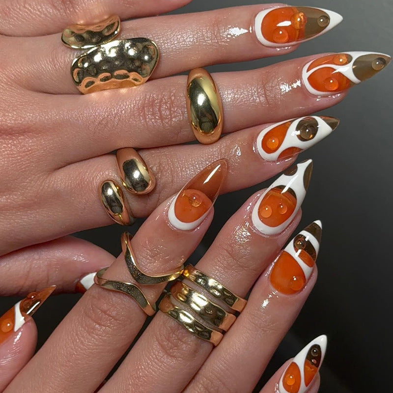 Sunkissed Glamour Medium Almond Orange Marbled Press On Nail Set