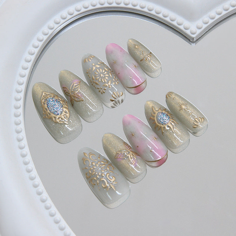 Enchanting Floral Medium Almond Green with Elegant Gold Accents Press on Nail Set