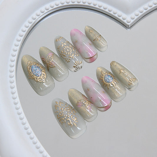 Enchanting Floral Medium Almond Green with Elegant Gold Accents Press on Nail Set