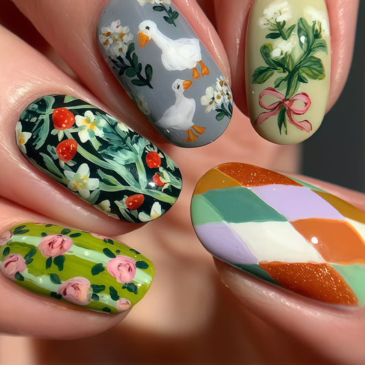 Charming Garden Inspired Medium Oval Green Floral Nail Set with Unique Detailed Illustrations