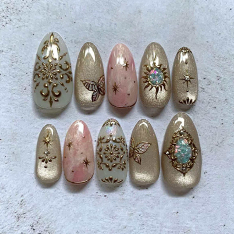 Celestial Elegance Medium Almond Pink and Gold Press-On Nail Set with Intricate Designs