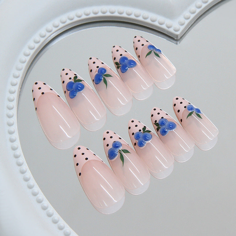 Floral Fantasy Medium Almond Pink Press On Nail Set with Blue Flower Accents and Polka Dot Design