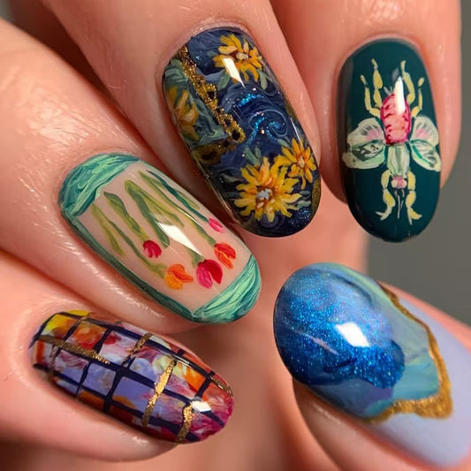 Botanical Dream Medium Oval Multicolor Artistic Design Press On Nail Set