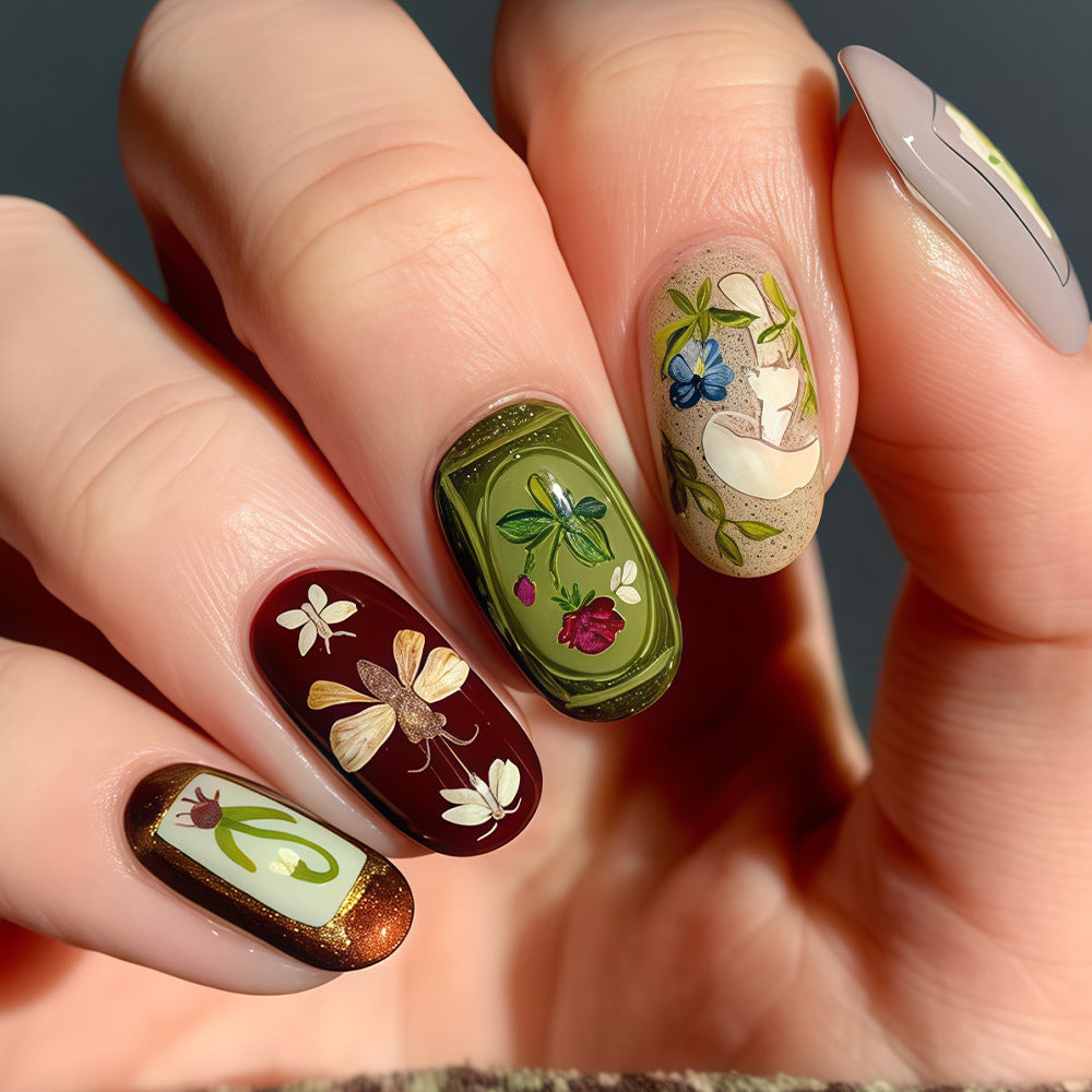 Floral Fantasy Medium Oval Green and Burgundy with Botanical Artistry Press On Nail Set