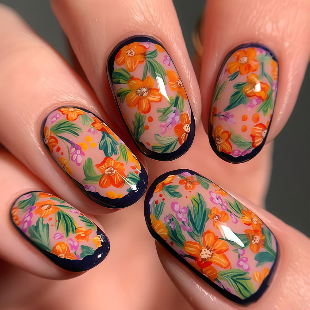 Botanical Bliss Medium Oval Floral Nail Set with Glossy Finish
