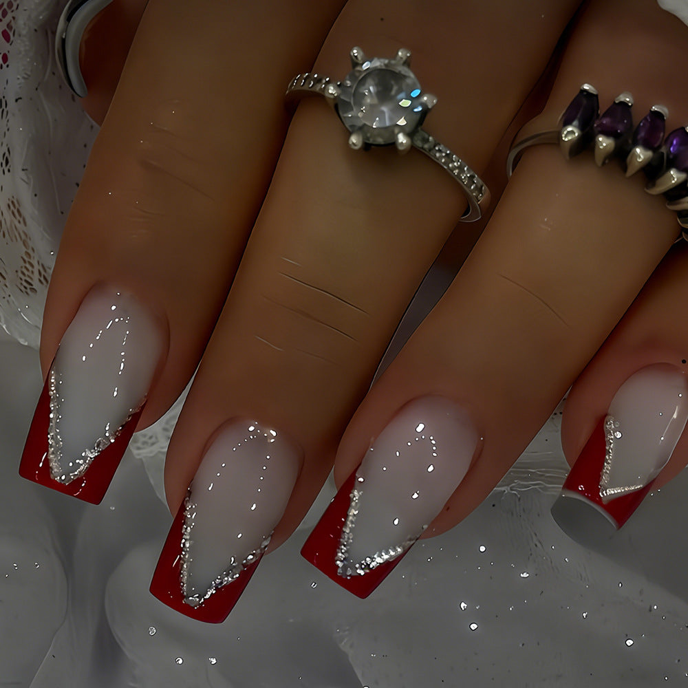 Glamorous Elegance Long Square Red and Clear Ombré Press on Nail Set with Sparkling Accents