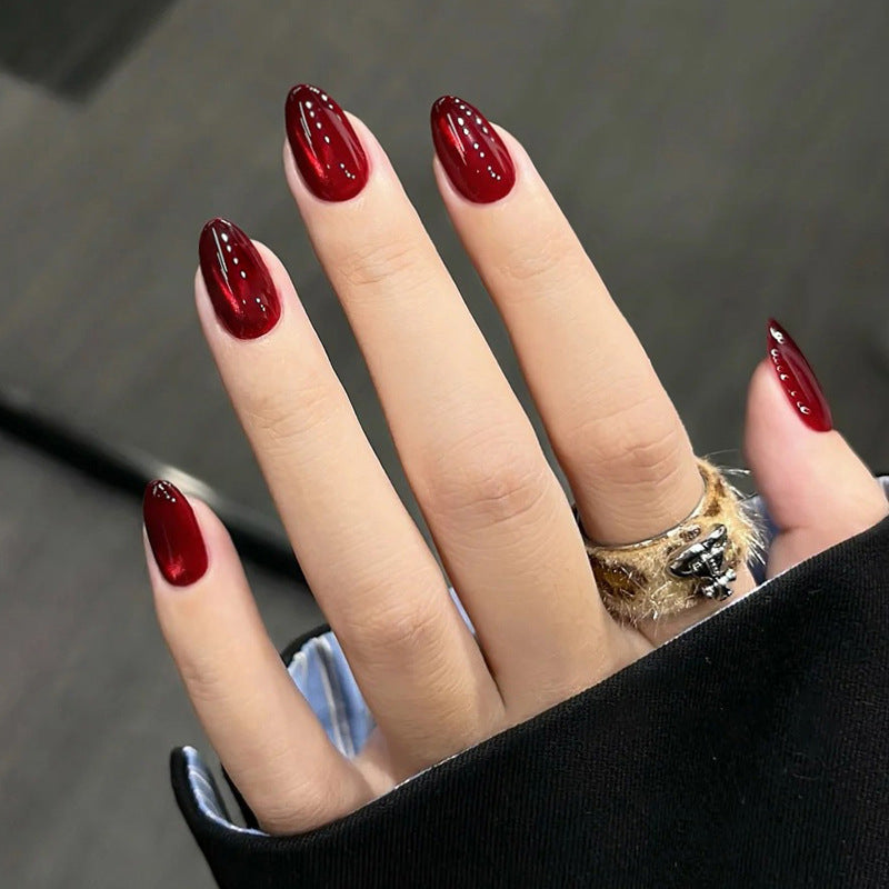 Glamorous Dark Red Medium Almond Press On Nail Set with Glossy Finish