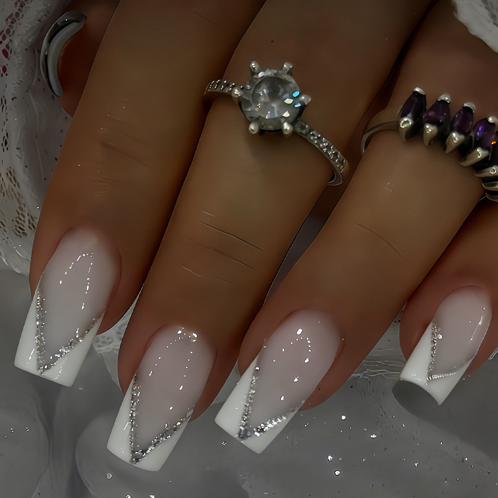Elegant Crystal Dream Long Square White Press On Nail Set with Stunning Silver Glitter Design