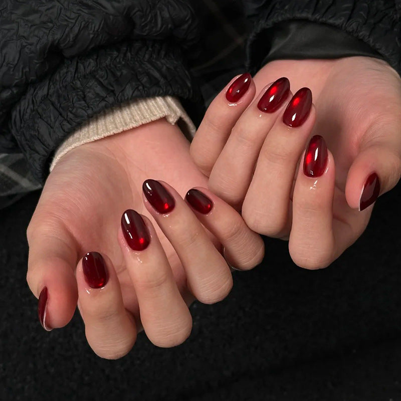 Glamorous Red Shimmer Medium Almond Press On Nail Set with Reflective Finish