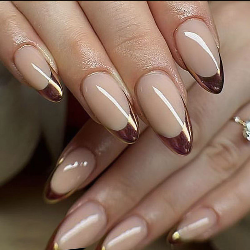 Glamorous Medium Almond Beige Nails with Chic Ombre Finish