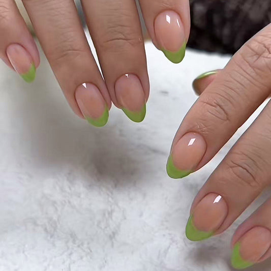 Fresh Spring Vibes Medium Oval Transparent Base with Green French Tip Press on Nail Set